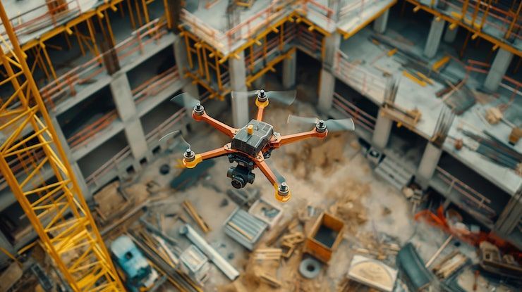 Drone hovering over a construction site with scaffolding and workers below