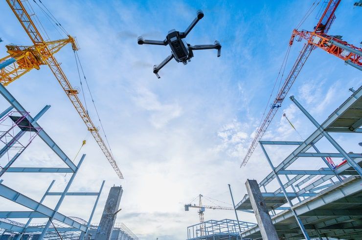 Drone over construction site with cranes and steel framework against a blue sky