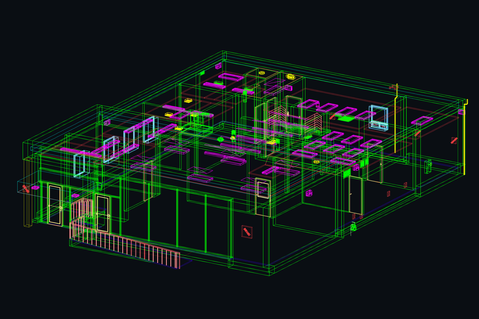Neon green and magenta wireframe of a 3D building model on a black background