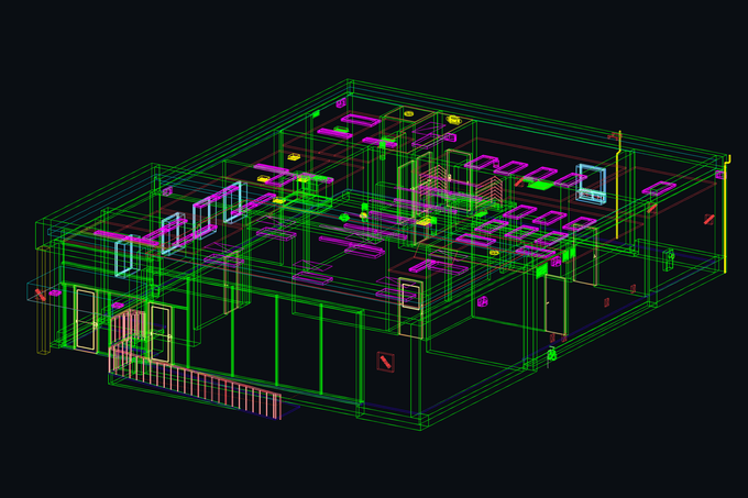 Neon green and magenta wireframe of a 3D building model on a black background