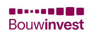 Het logo voor bouwinvest is paars en wit.