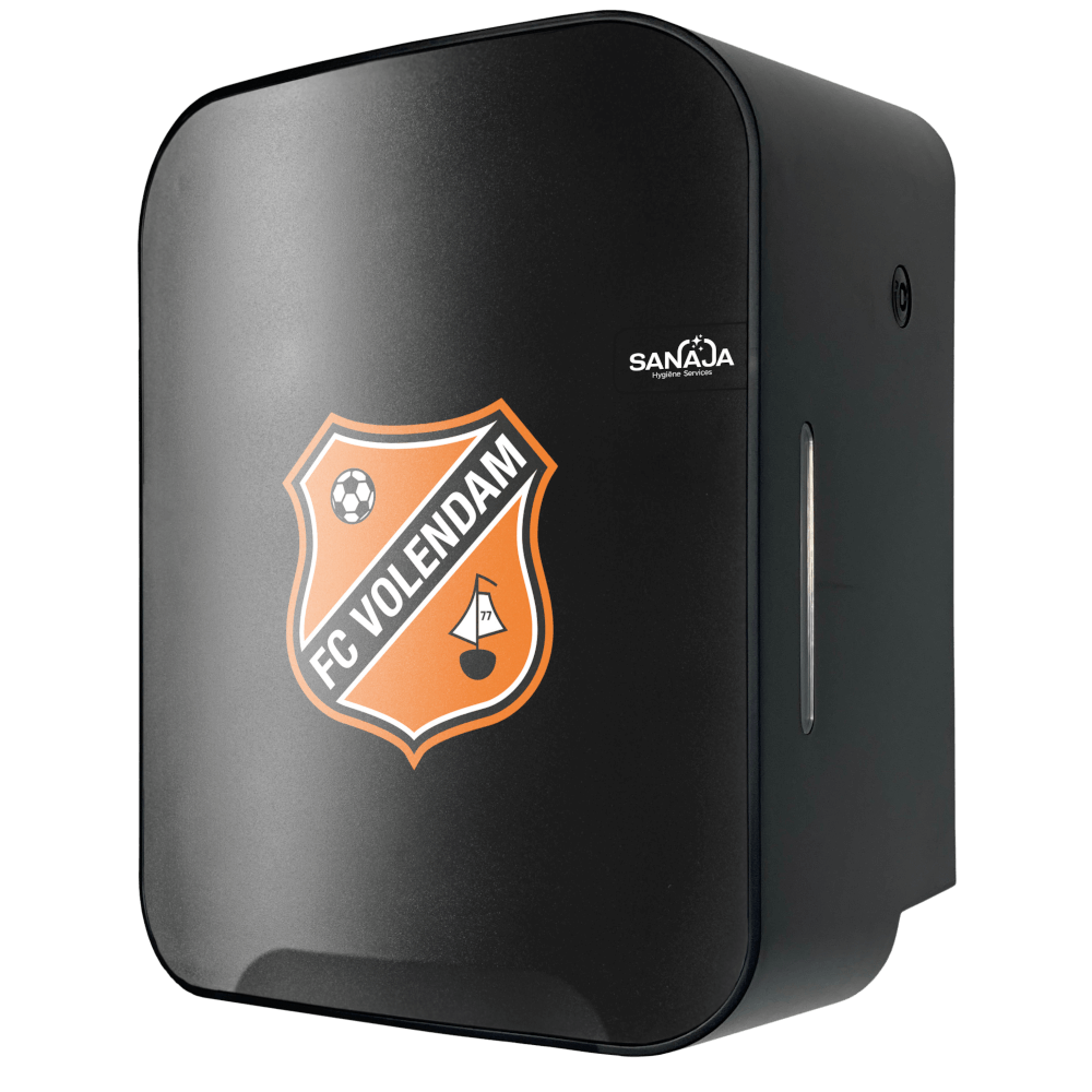 Een zwarte handontsmettingsmiddel dispenser met het fc volendam logo erop