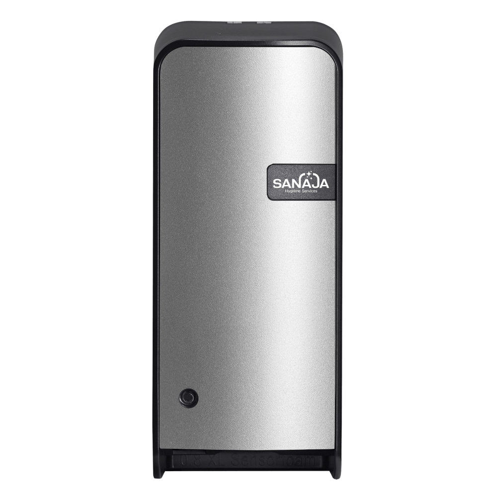 Een toiletpapierdispenser van roestvrij staal met een zwarte rand op een witte achtergrond.