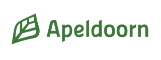 Een groen logo voor apeldoorn met een groen blad op een witte achtergrond.