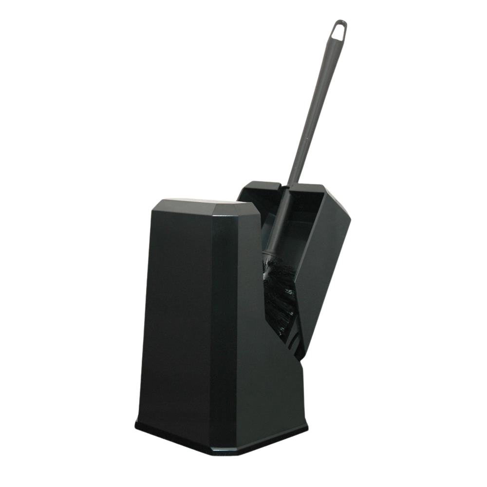 Een zwarte toiletborstelhouder met een lange steel