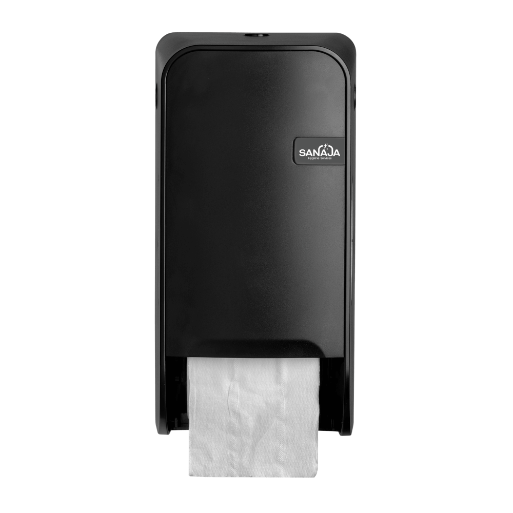 Een zwarte toiletpapierdispenser met daarin een rol toiletpapier