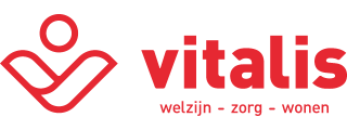 A red and white logo for vitalis welzijn zorg wonen