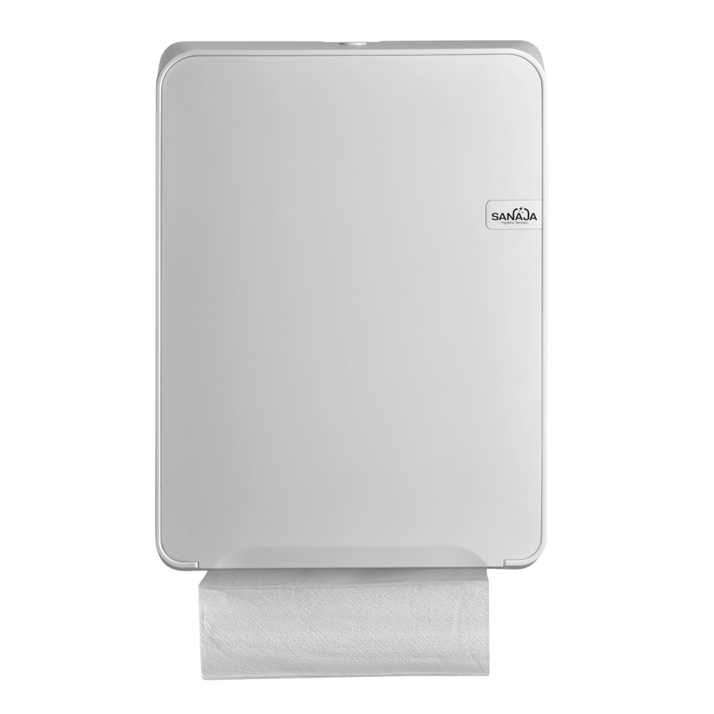 Een witte houder voor papieren handdoeken met een rol papieren handdoeken eraan hangend.