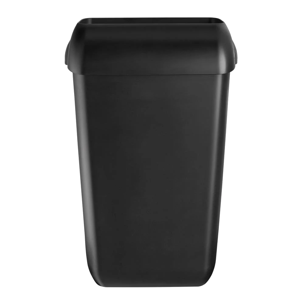 Een zwarte vuilnisbak met een deksel op een witte achtergrond.