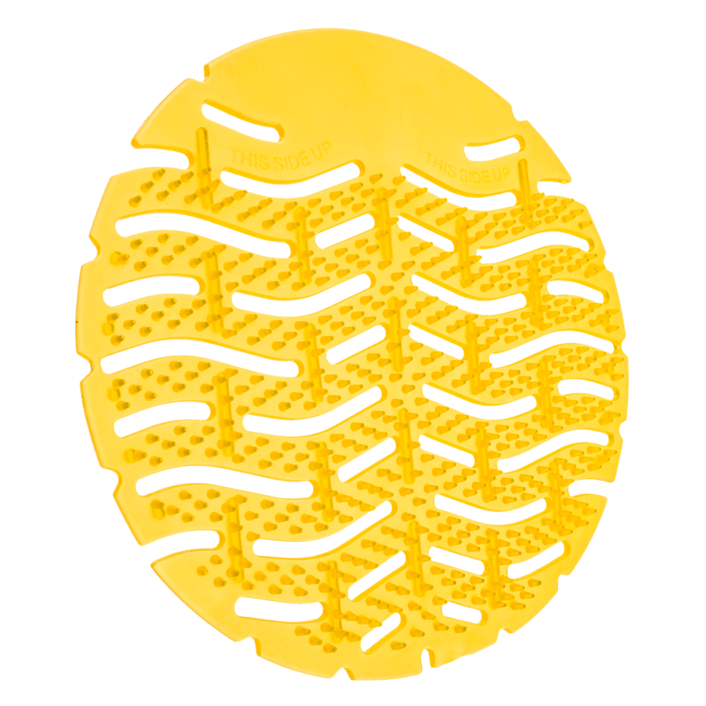 Een geel urinoirscherm met witte strepen erop