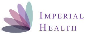 Logo of Imperial Health; flower-like design with purple and green petals; text 