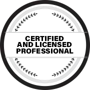 A black and white circle with the words `` certified and licensed professional '' written inside of it.