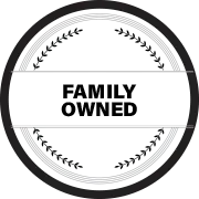 A black and white circle with the words `` family owned '' written inside of it.