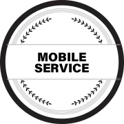 A black and white circle with the words `` mobile service '' written inside of it.
