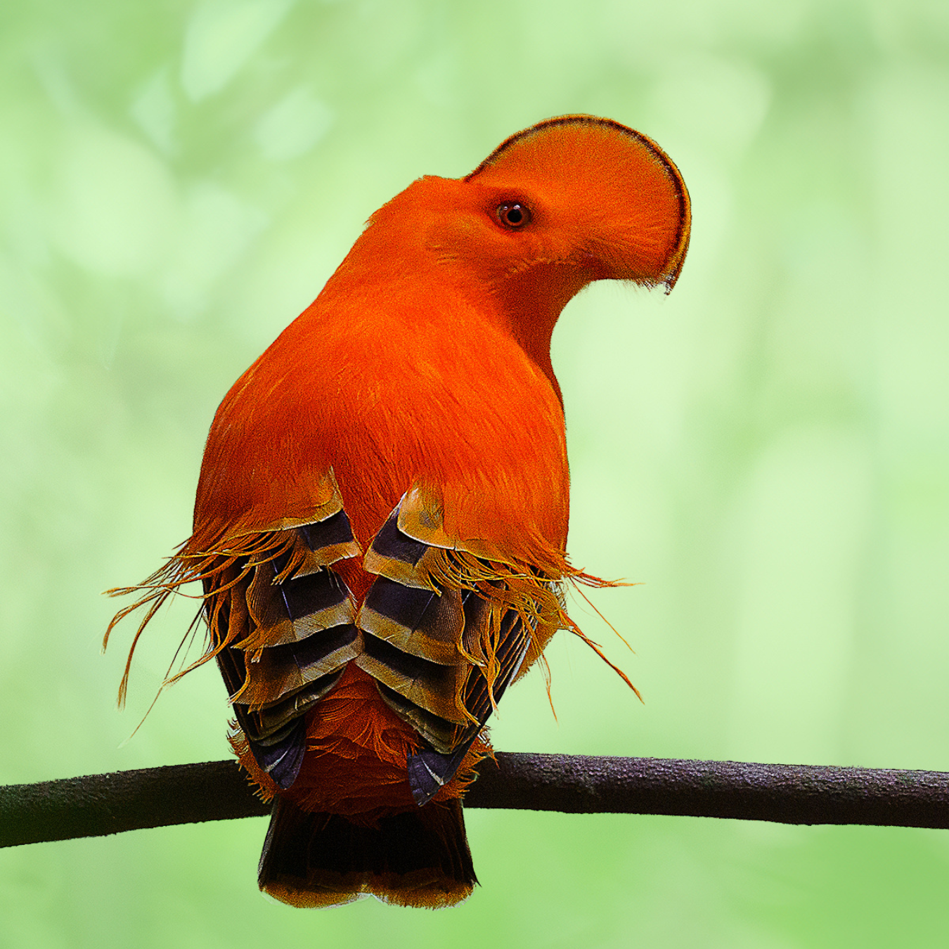 A small orange bird with feathers on its back is perched on a branch