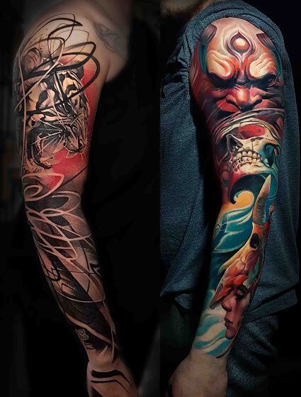 A man with a tattoo on his arm and another man with a tattoo on his arm.