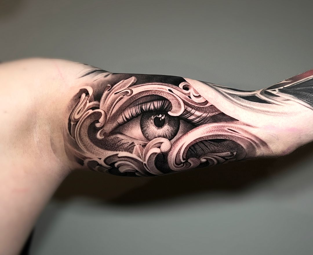A person has a tattoo of an eye on their arm.