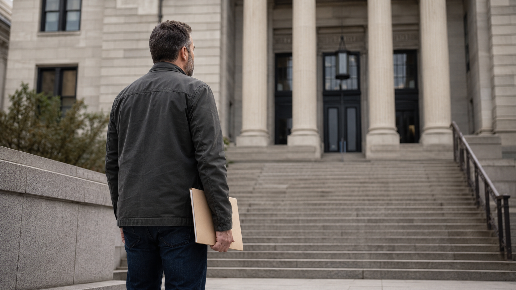 Person holding a folder stands at the base of steps leading to a large stone building.