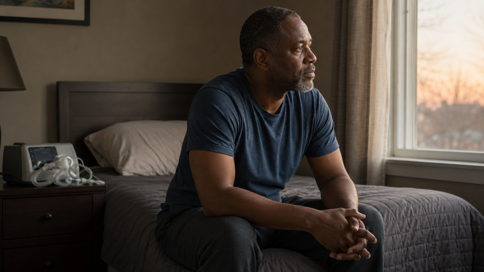Man sitting on a bed by a window, looking outside in a softly lit bedroom.
