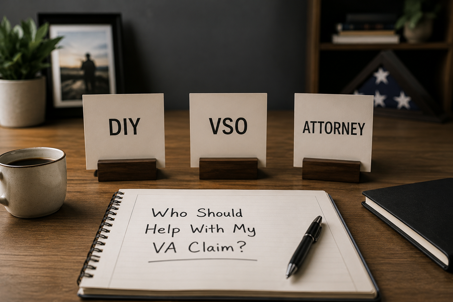 Notebook asks “Who Should Help With My VA Claim?” with DIY, VSO, and attorney cards on a desk.