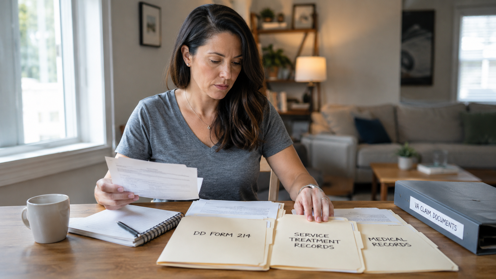 Person reviewing documents at a table with a notebook, coffee mug, and laptop in a living room.