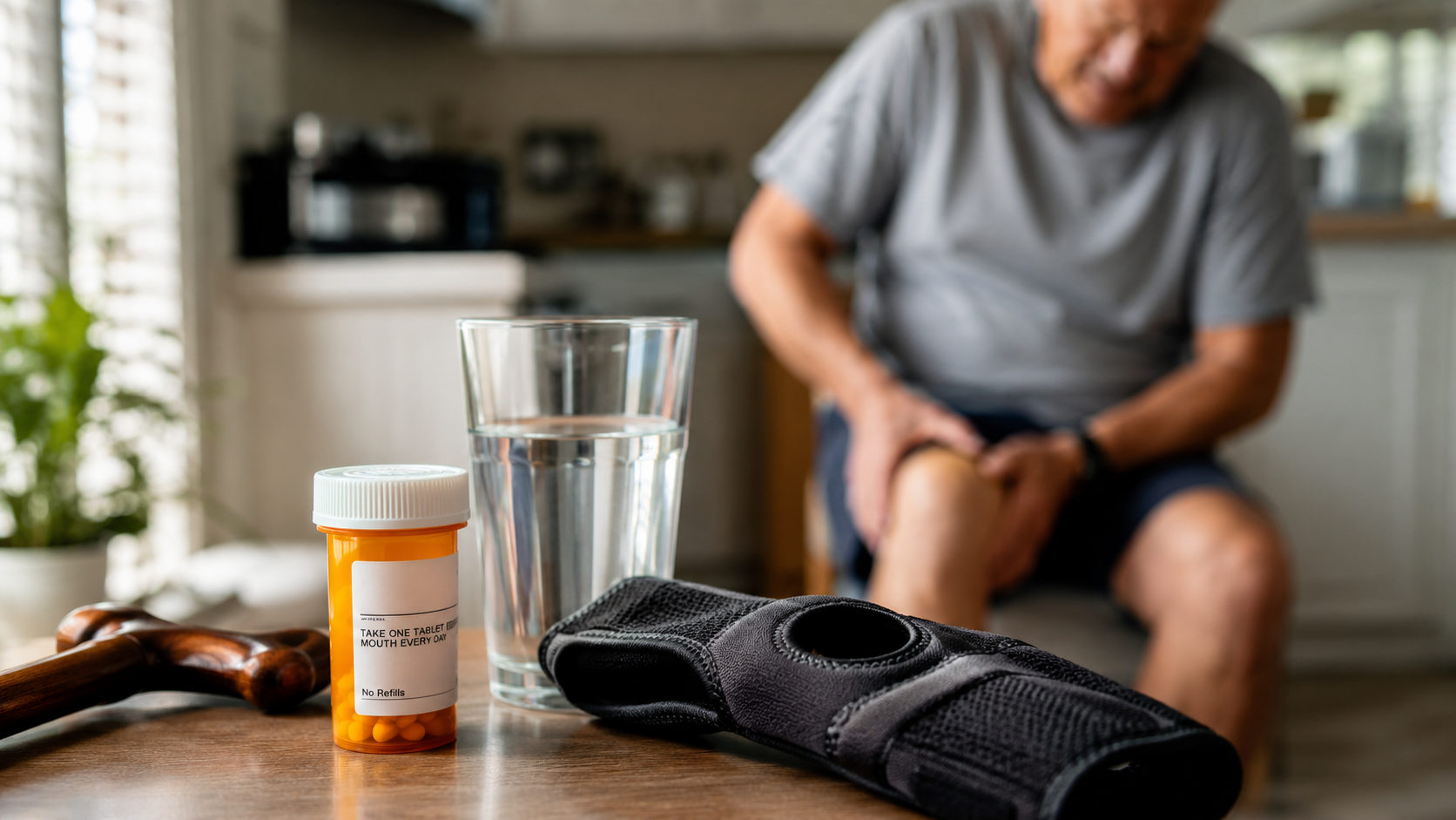 Pill bottle, glass of water, and knee brace on a table with a seated person in the background.