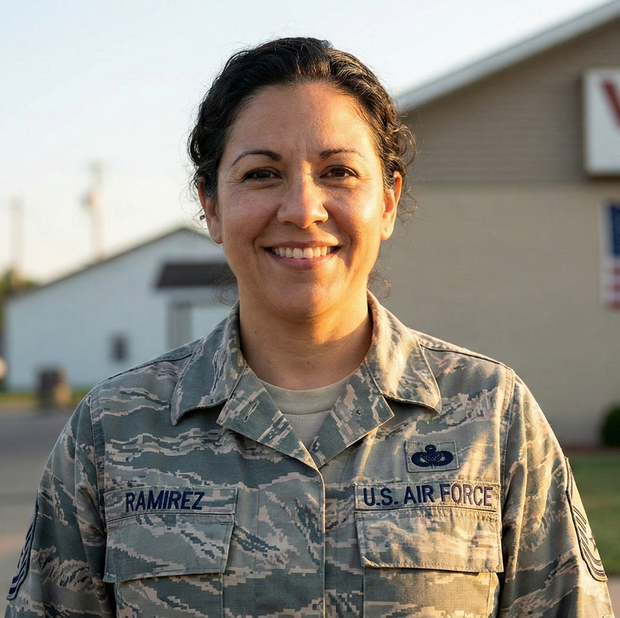 U.S. Air Force service member in camouflage uniform, smiling outdoors in front of a building.