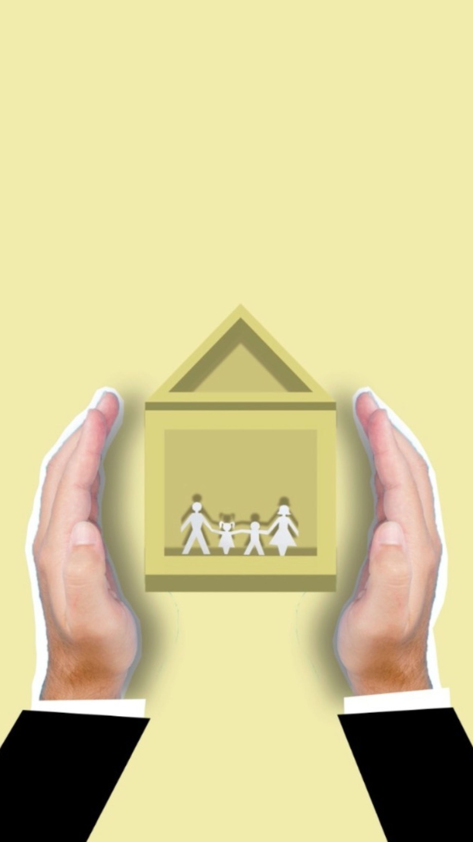 Hands holding a house icon with a family silhouette inside on a yellow background