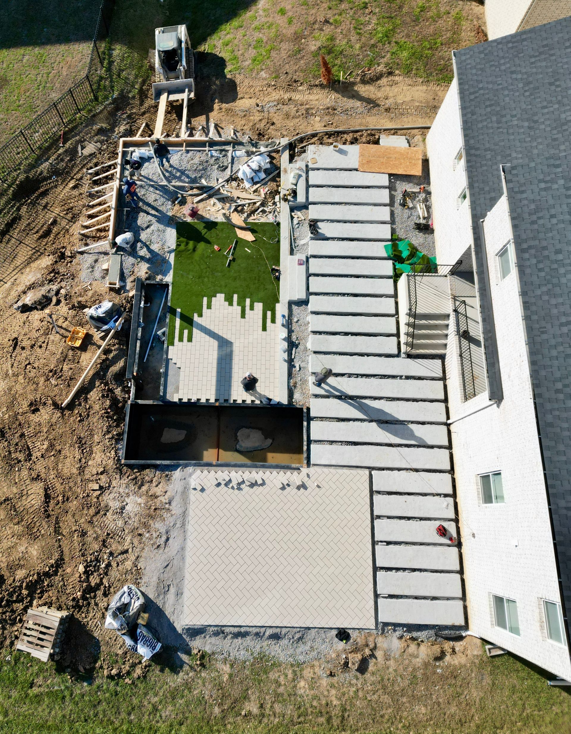 An aerial view of a house under construction.