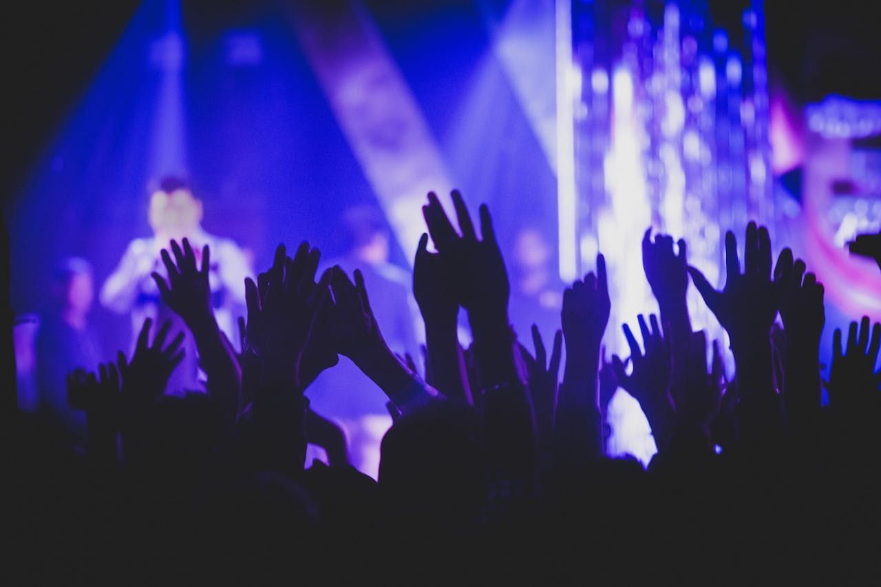 Silhouettes of raised hands at a concert with blurry background showing a performer on stage under blue stage lights.