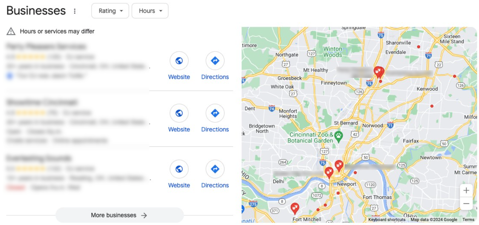 Screenshot of a digital map showing business locations with icons and a sidebar listing business names and options for website and directions.