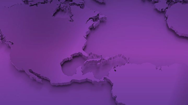 A stylized purple map focused on north america, with elevated geographic contours and a monochrome color scheme.