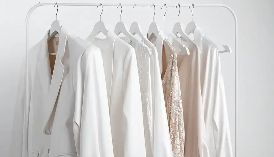 White clothing hanging on a white rack against a white wall.Preloved designer fashion