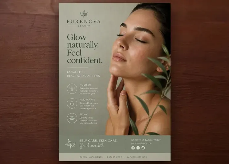 Skincare ad, soft sage background, and text: “Glow naturally. Feel confident.”  Print and design for posters at Total Creative NZ