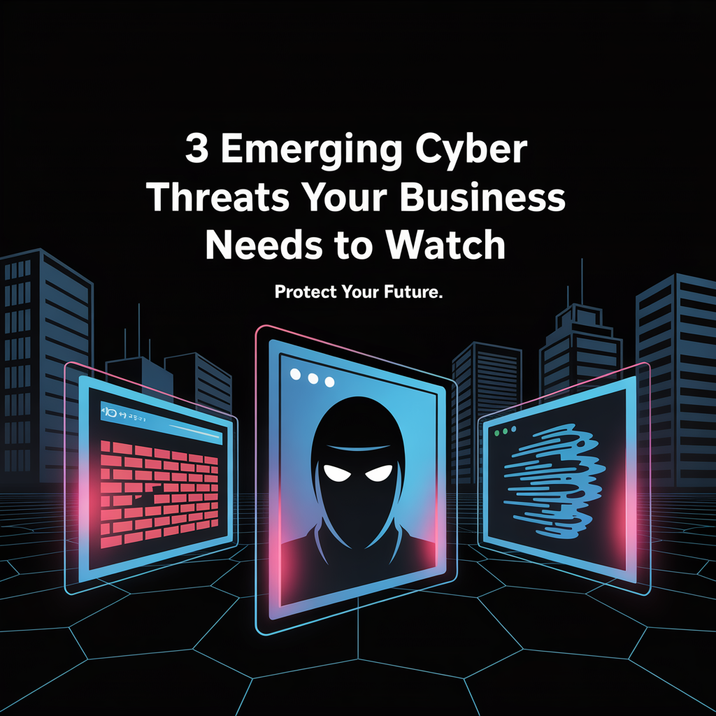 Cybersecurity warning image showing 3 emerging cyber threats business owners must watch in 2024.
