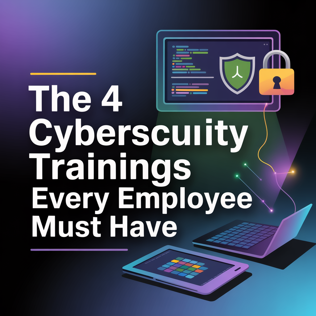 Cybersecurity training graphic with 4 key trainings every employee needs to reduce cyber threats and protect business data.