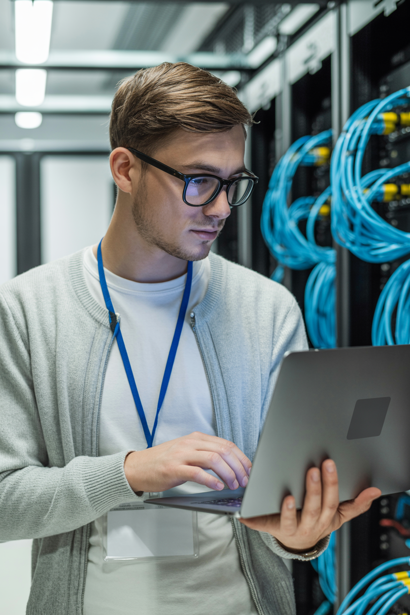 Houston IT technician reviewing server data at Quinn Technology Solutions.