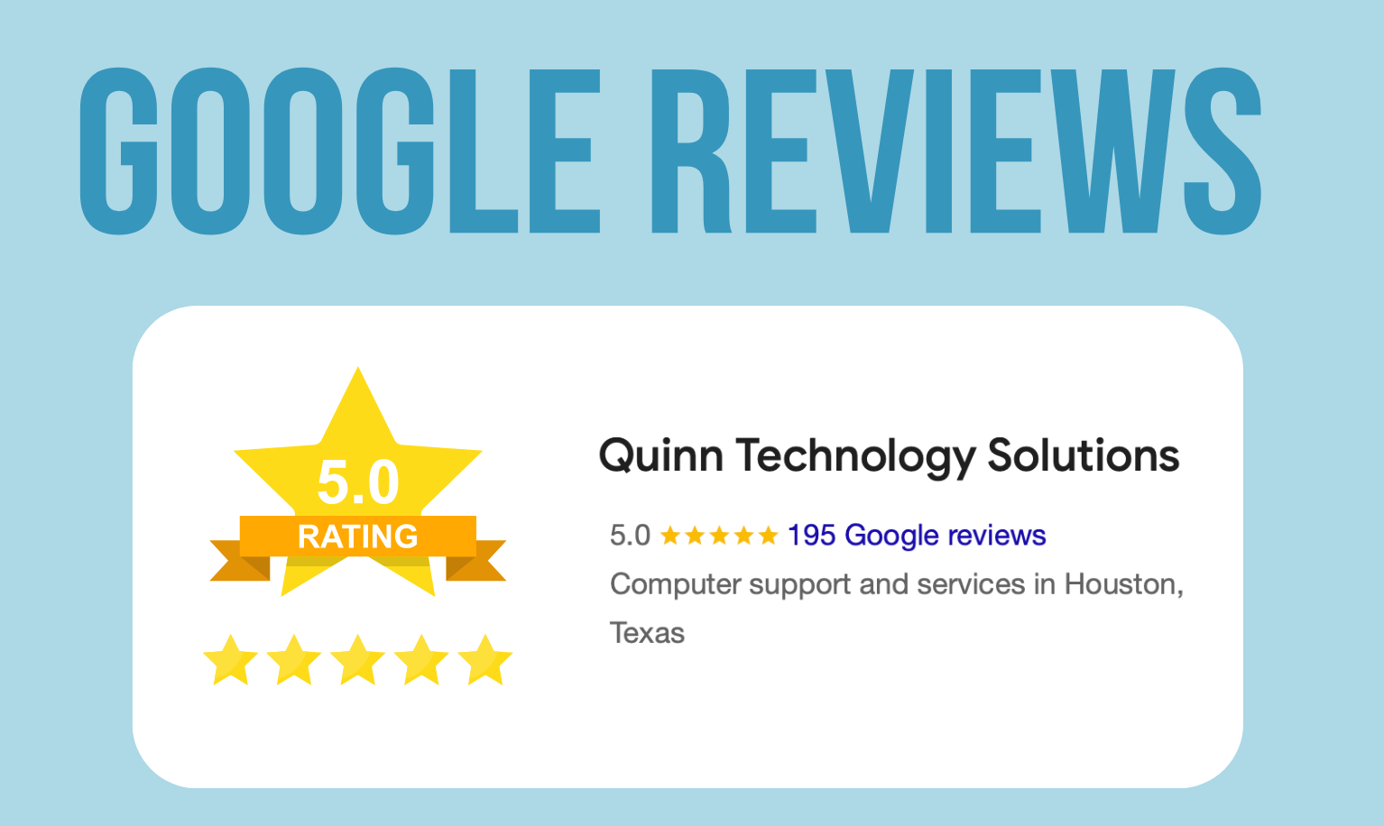 5-star Google review for Quinn Technology Solutions, Houston’s trusted managed IT support provider.