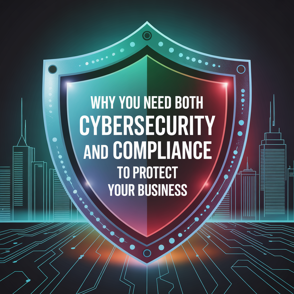 Cybersecurity and compliance shield graphic emphasizing protection for businesses from cyber threats.