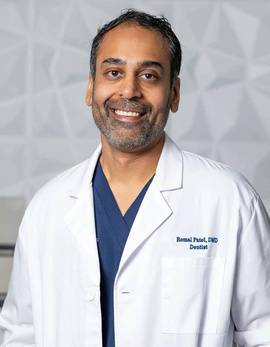 Man in white lab coat smiles; text 