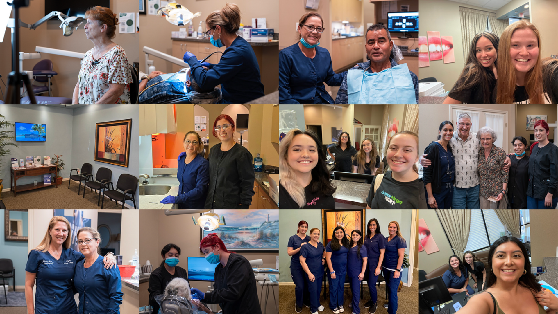 Collage of smiling people at an indoor event, posing, talking, and standing near booths and displays