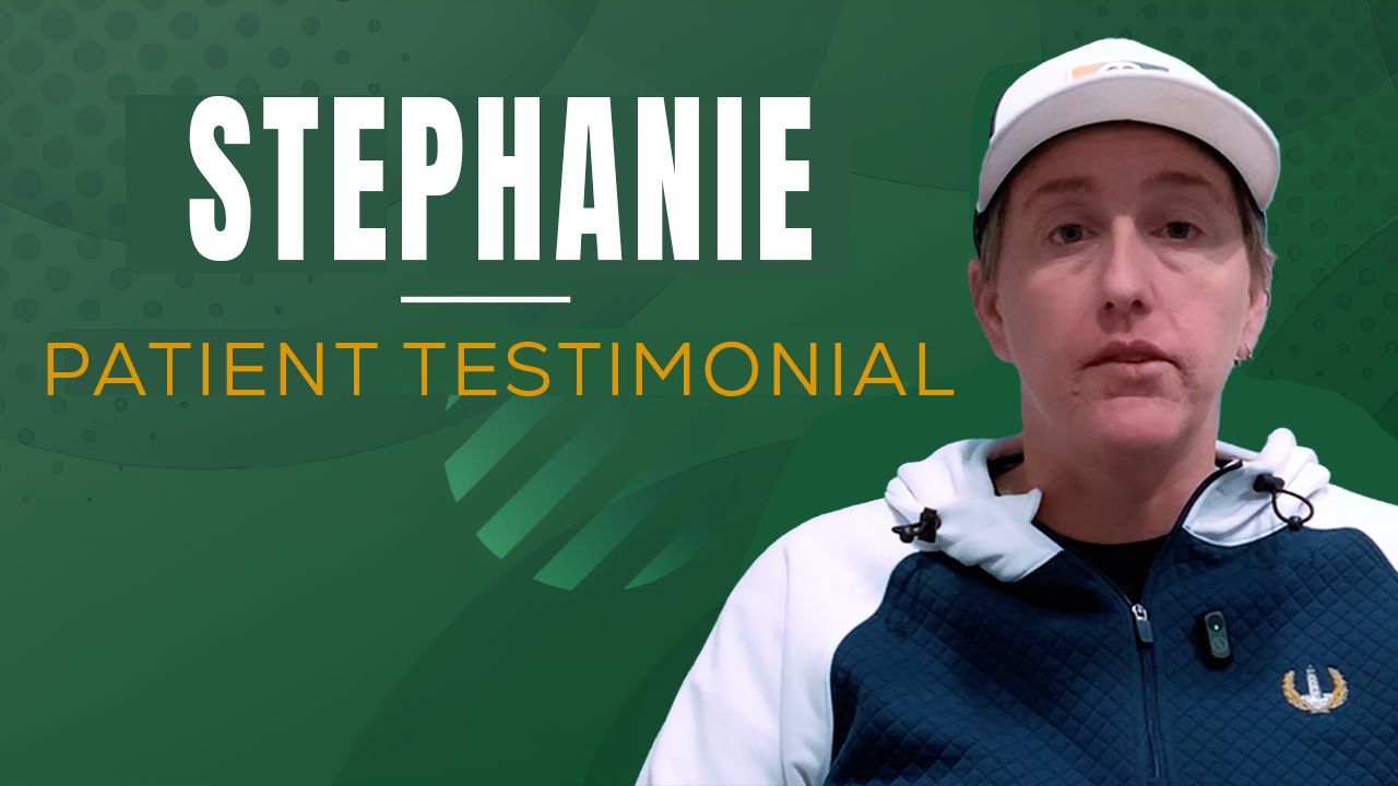 Woman in a baseball cap, patient testimonial. White text on green background.