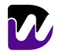 Black and purple logo: stylized "DW" intertwined, D-shape framing the W, rounded corners.