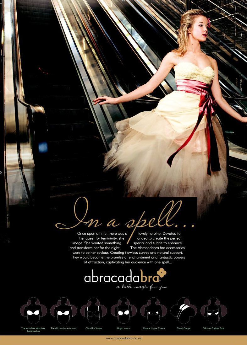 Woman in formal gown on an escalator. Text: 