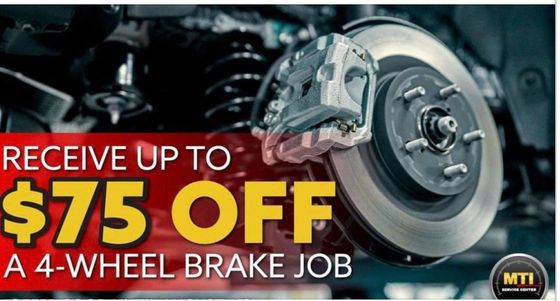 Brake promo at MTI Service Centers in Valparaiso, Chesterton, Crown Point, Michigan City, and Winfield, IN