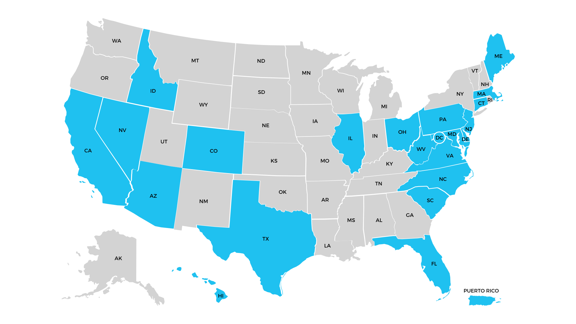 A map of the united states with blue states and gray states