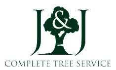 Logo for J&J Complete Tree Service with a green tree silhouette and serif text on white background