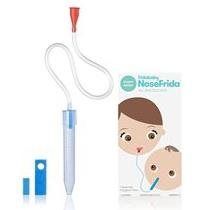 NoseFrida nasal aspirator with tubing and mouth piece, alongside its product packaging showing a diagram of its use.