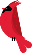 A stylized, flat-vector red cardinal bird with a black face mask and crest, viewed in profile.