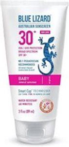 A tube of Blue Lizard Baby mineral sunscreen, SPF 30+, featuring a blue lizard graphic on a white background.